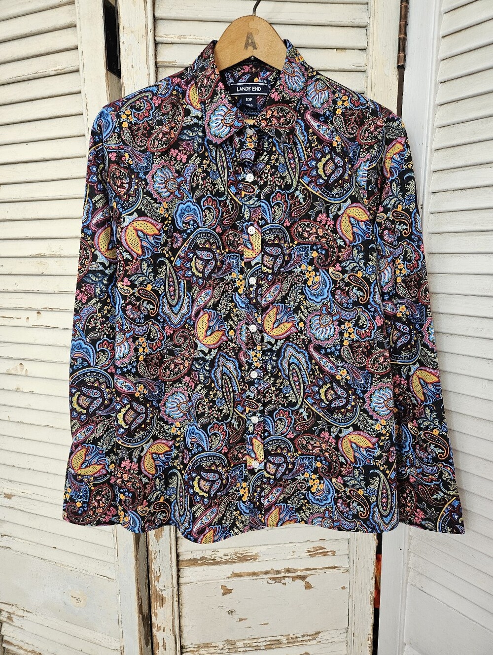 Lands' End No Iron Supima 100% Cotton Black Paisley Button Up Shirt Size 10P